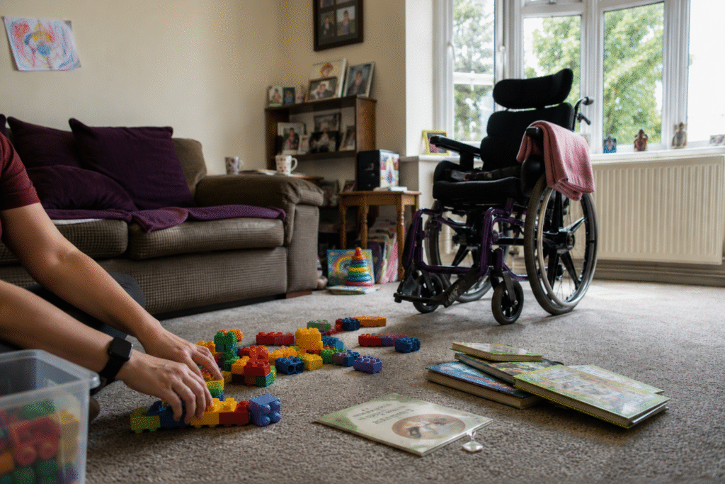 A carer playing with building blocks on the floor of a child's playroom, with an empty wheelchair and picture books nearby