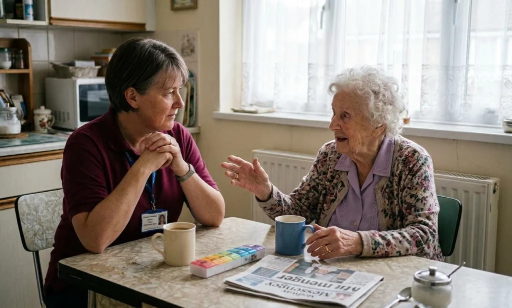 A Rapid Care carer sitting at a client's kitchen table, talking with her over tea