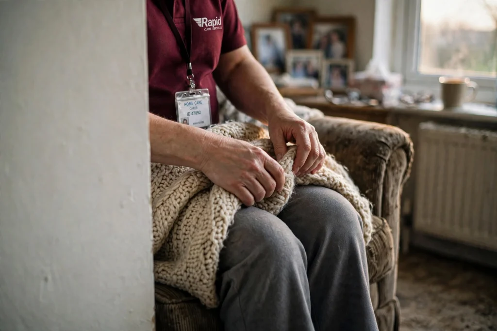 A carer tucking a soft blanket around her client's lap in a quiet sitting room